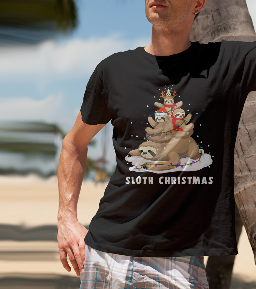 Sloth Christmas Tree With Reindeer And Santa Hats T-Shirt