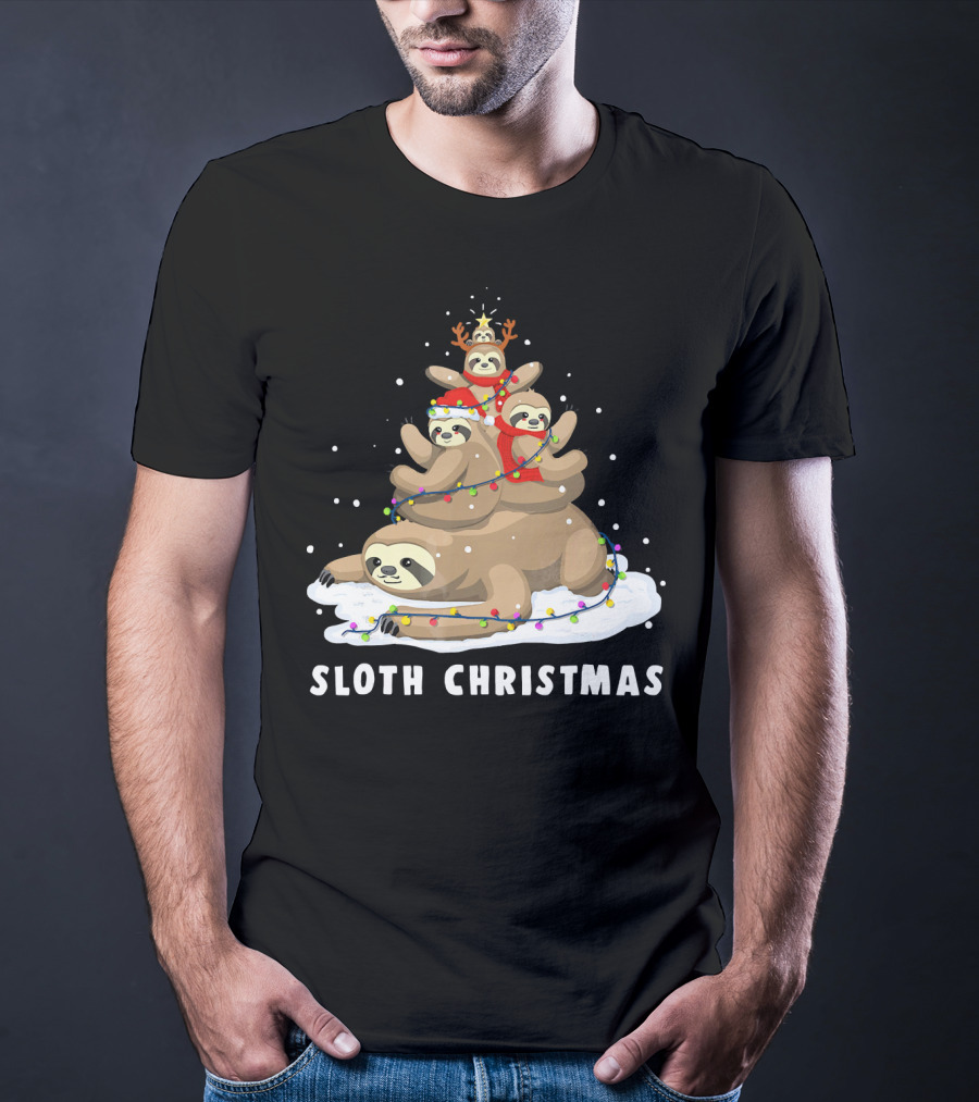 Sloth Christmas Tree With Reindeer And Santa Hats T-Shirt