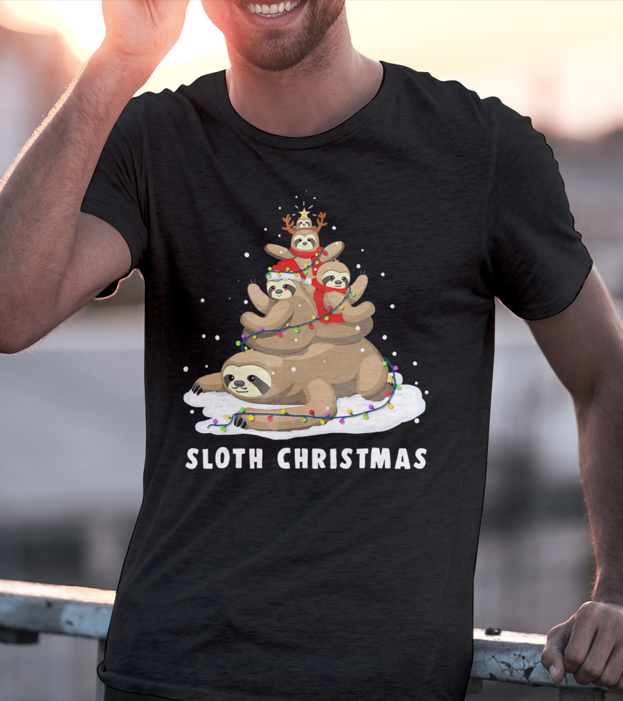Sloth Christmas Tree With Reindeer And Santa Hats T-Shirt