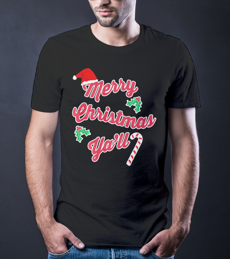Merry Christmas Y'all Santa Hat Holly Candy Cane T-Shirt