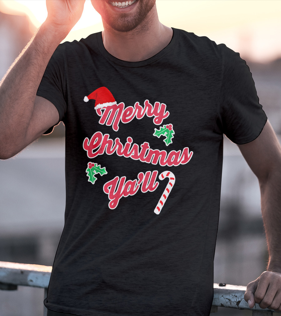 Merry Christmas Y'all Santa Hat Holly Candy Cane T-Shirt