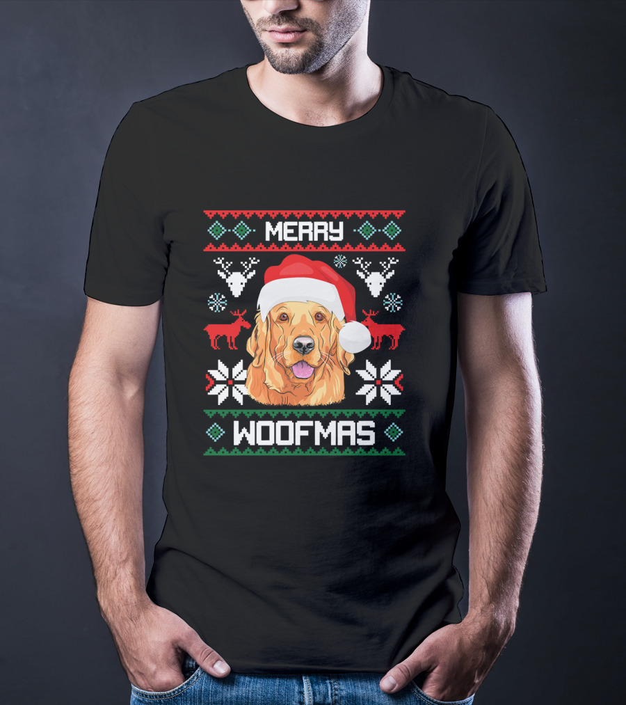 Golden Retriever Merry Woofmas Santa Hat Christmas Reindeer T-Shirt