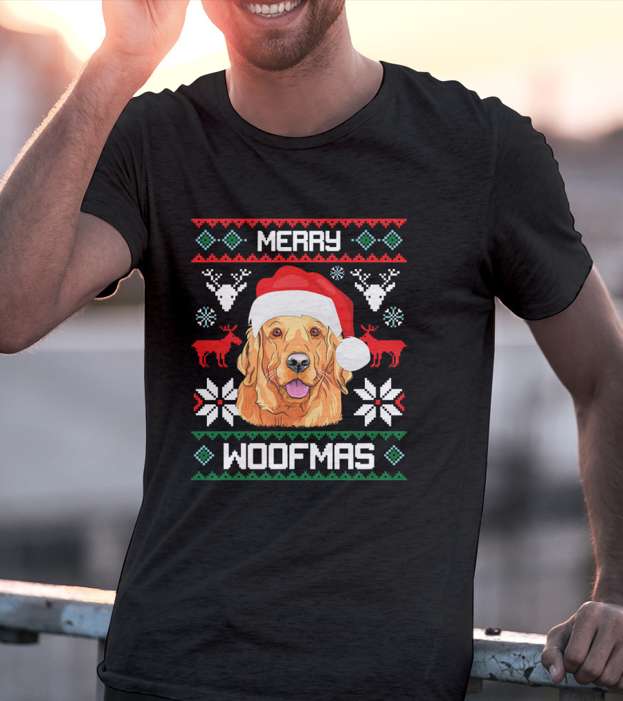 Golden Retriever Merry Woofmas Santa Hat Christmas Reindeer T-Shirt