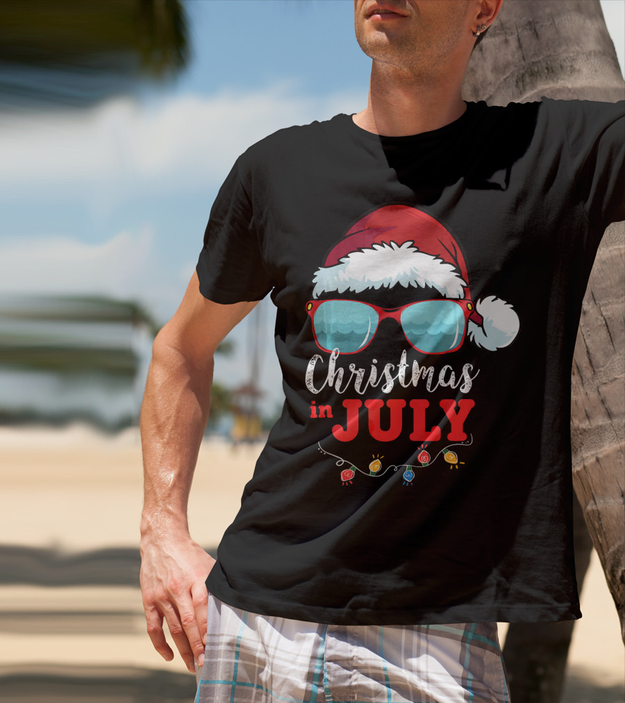 Santa Hat Sunglasses Christmas In July Holiday Lights T-Shirt