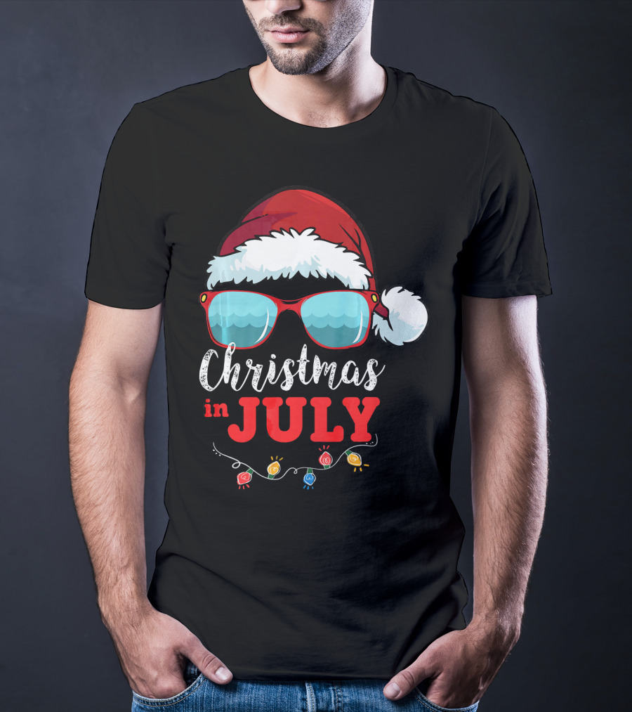 Santa Hat Sunglasses Christmas In July Holiday Lights T-Shirt