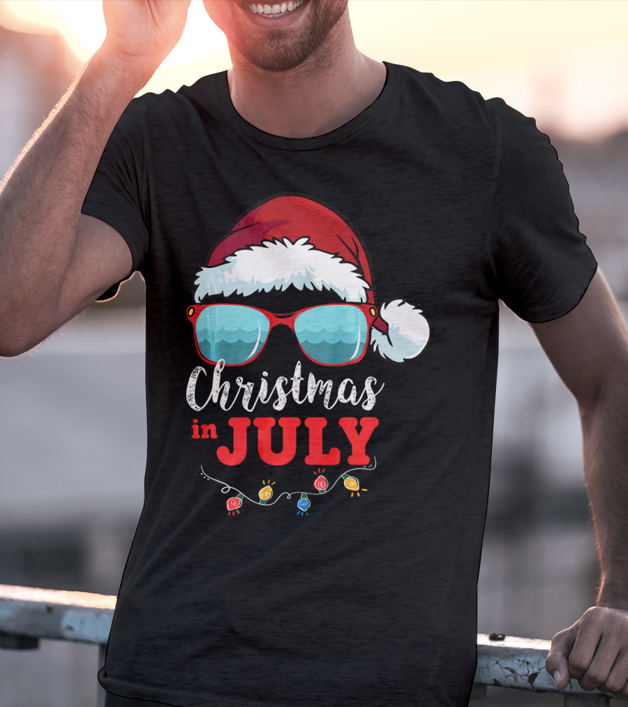 Santa Hat Sunglasses Christmas In July Holiday Lights T-Shirt