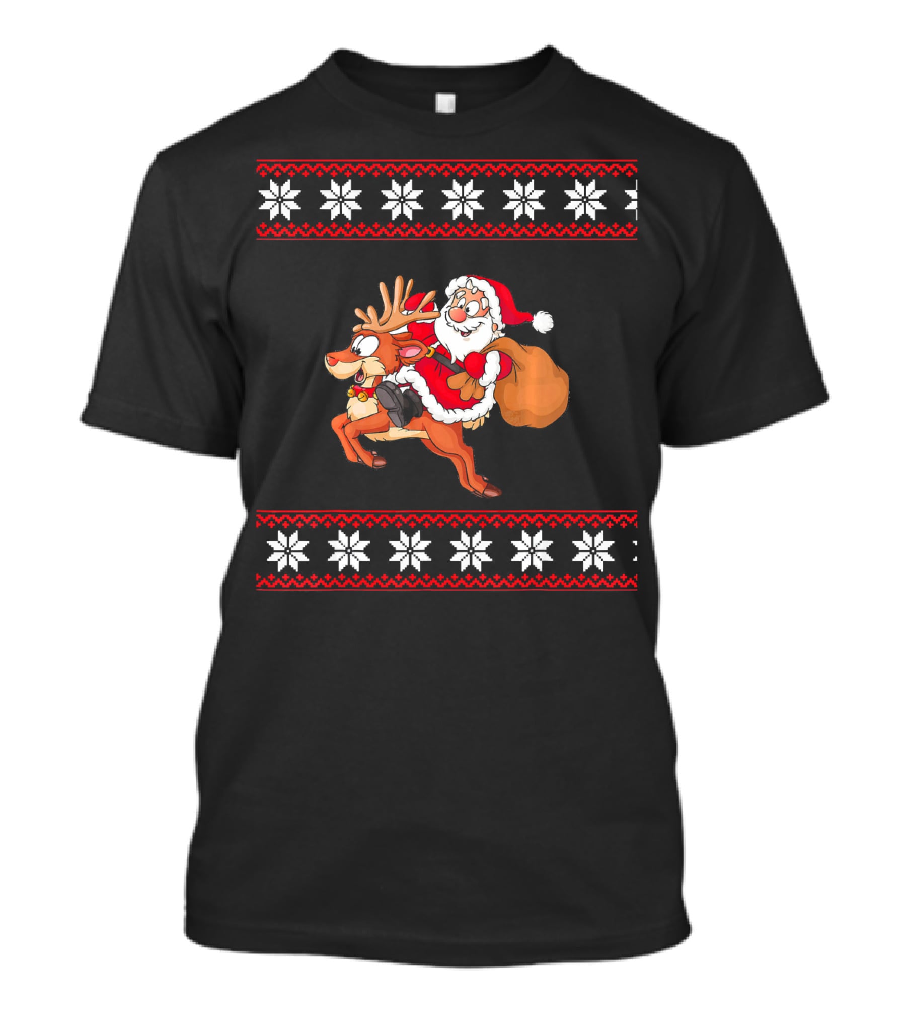 Christmas Santa Claus Riding Rudolph Reindeer Snowflake T-Shirt