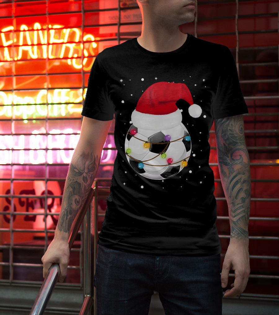 Santa Hat Soccer Ball Wrapped In Christmas Lights With Falling Snow T-Shirt