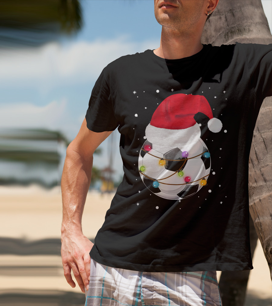 Santa Hat Soccer Ball Wrapped In Christmas Lights With Falling Snow T-Shirt