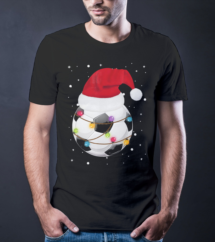 Santa Hat Soccer Ball Wrapped In Christmas Lights With Falling Snow T-Shirt