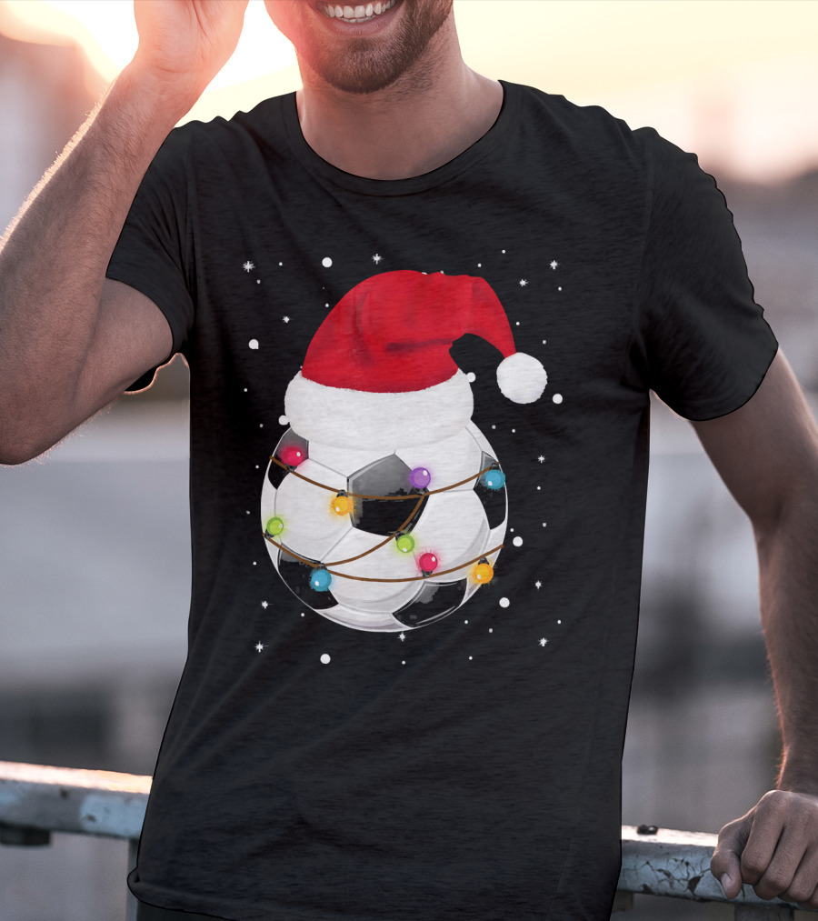 Santa Hat Soccer Ball Wrapped In Christmas Lights With Falling Snow T-Shirt