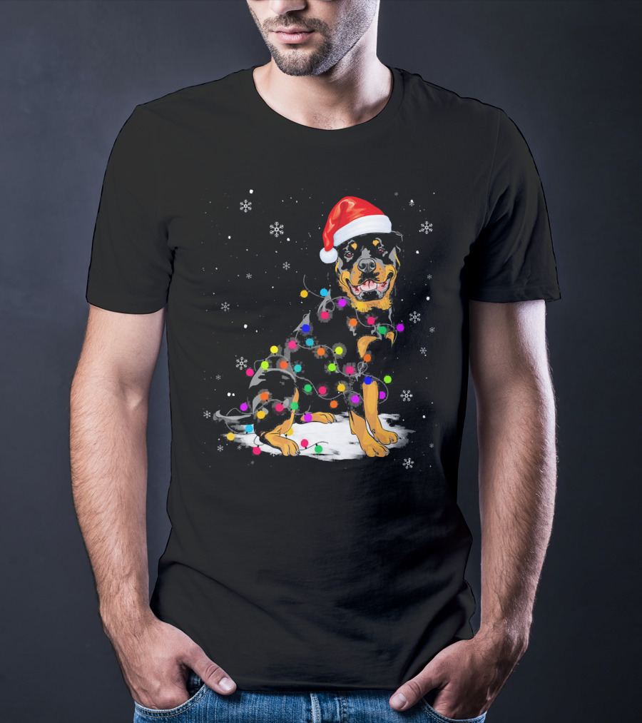 Rottweiler With Santa Hat And Colorful Christmas Lights In Snowy Scene T-Shirt