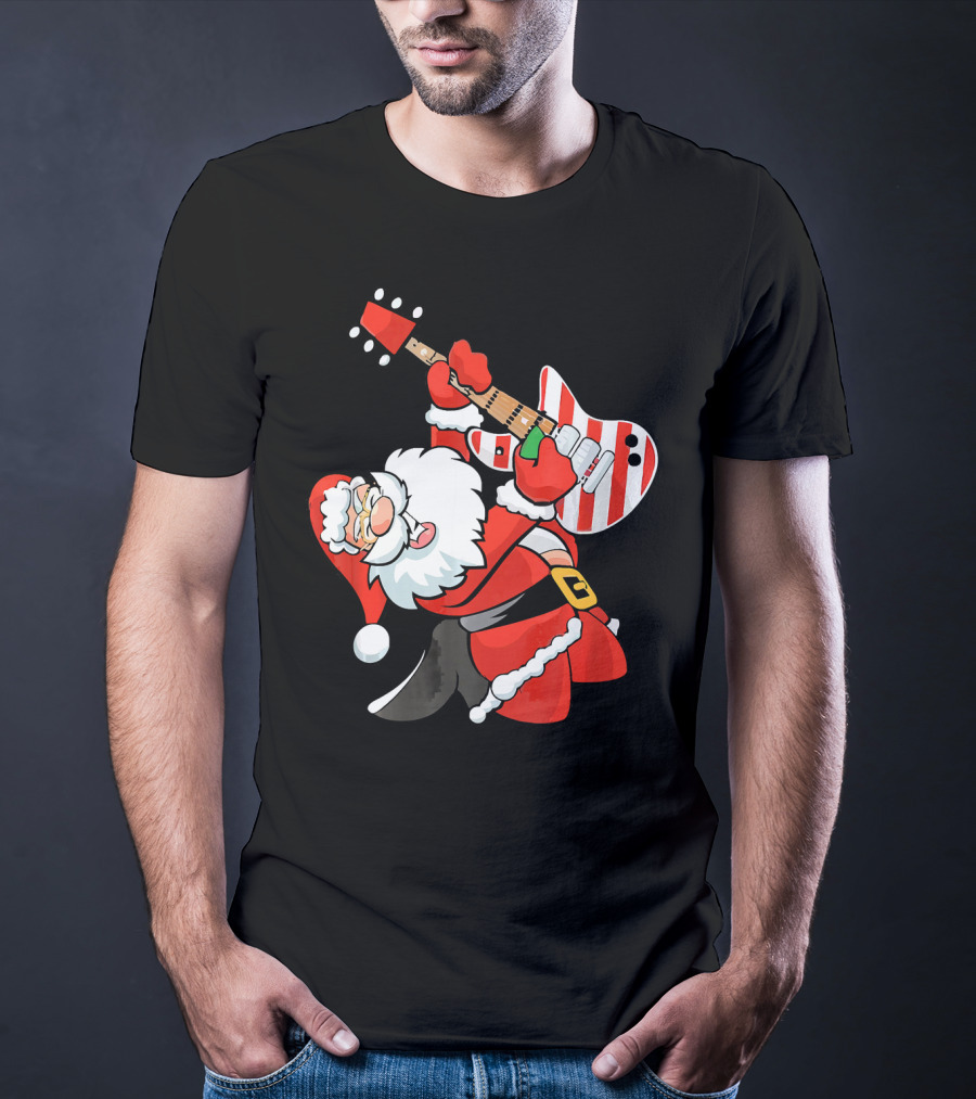 Santa Guitar Player Christmas Music Vintage Rock Holiday T-Shirt