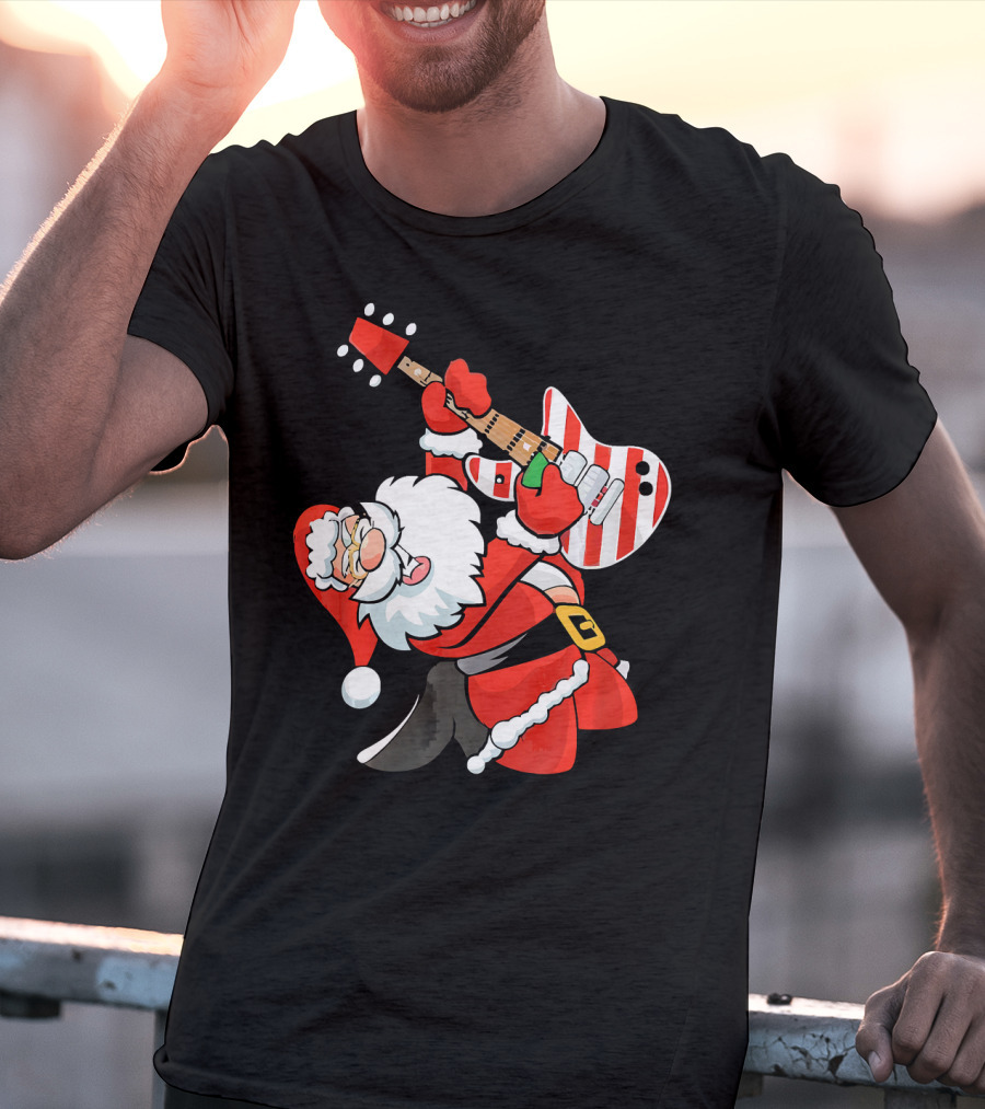 Santa Guitar Player Christmas Music Vintage Rock Holiday T-Shirt