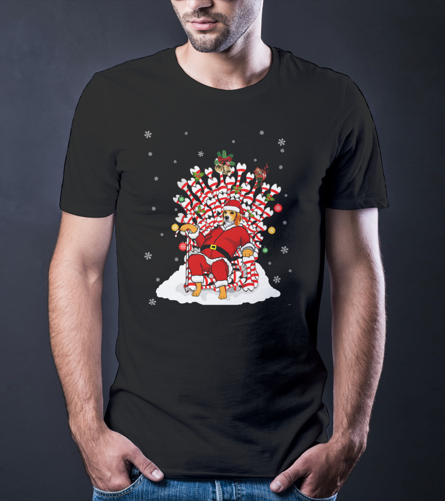Beagle Dog In Santa Suit On Candy Cane And Bone Throne With Snowflakes T-Shirt