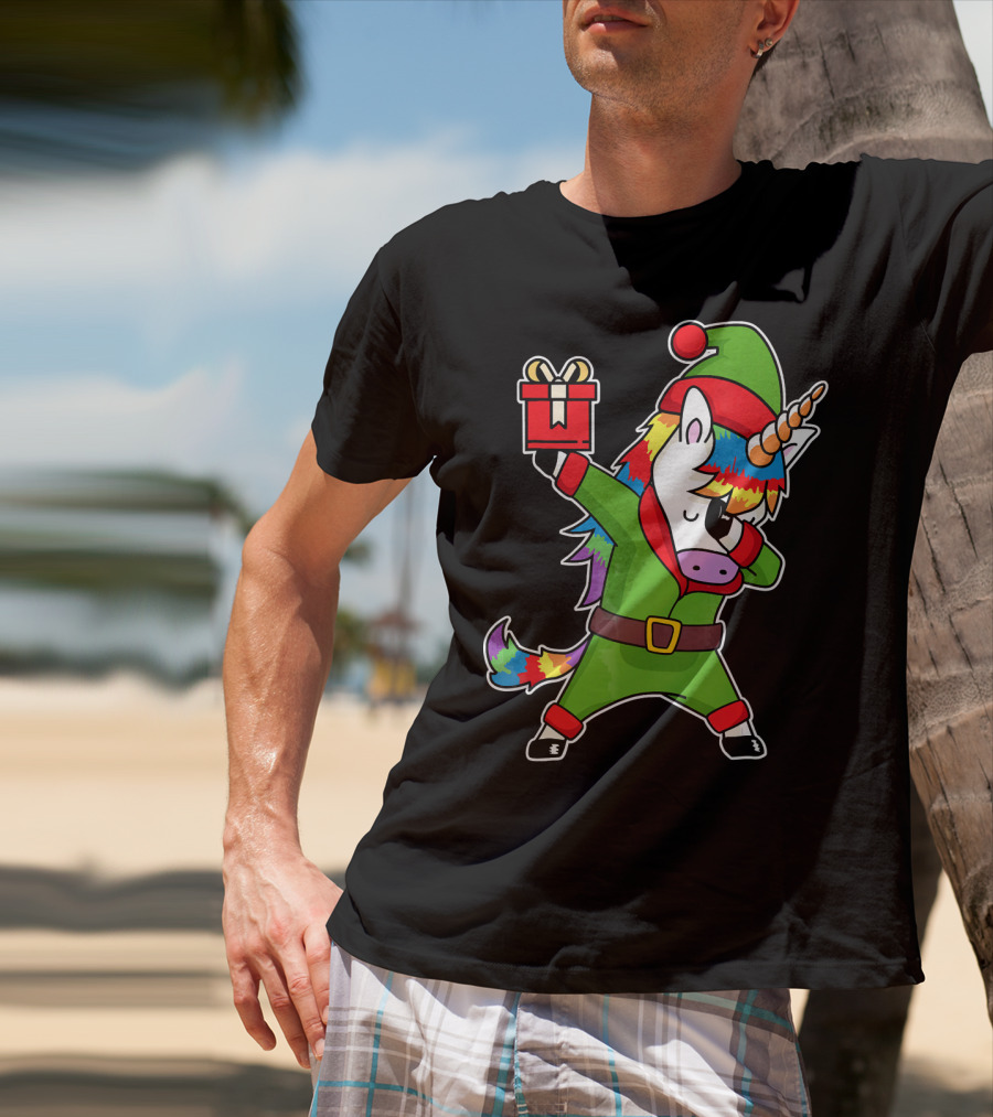 Christmas Dabbing Unicorn Elf With Rainbow Mane And Gift Box T-Shirt