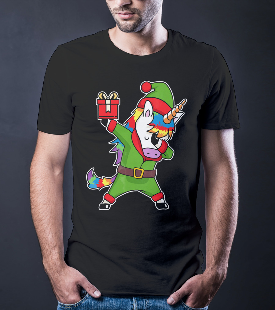 Christmas Dabbing Unicorn Elf With Rainbow Mane And Gift Box T-Shirt