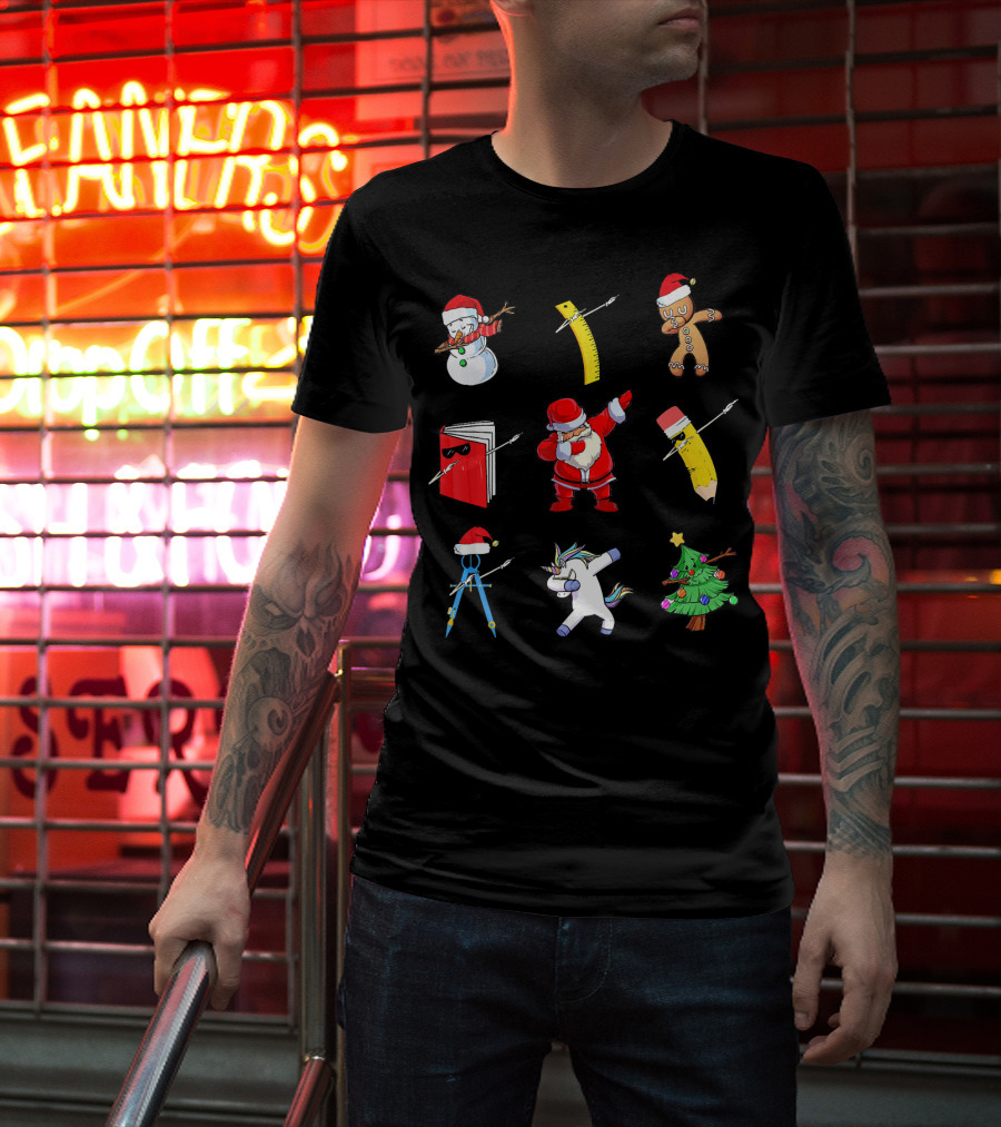 Funny Teacher Christmas Santa Dabbing Snowman Ruler Gingerbread Pencil Book Unicorn Tree T-Shirt