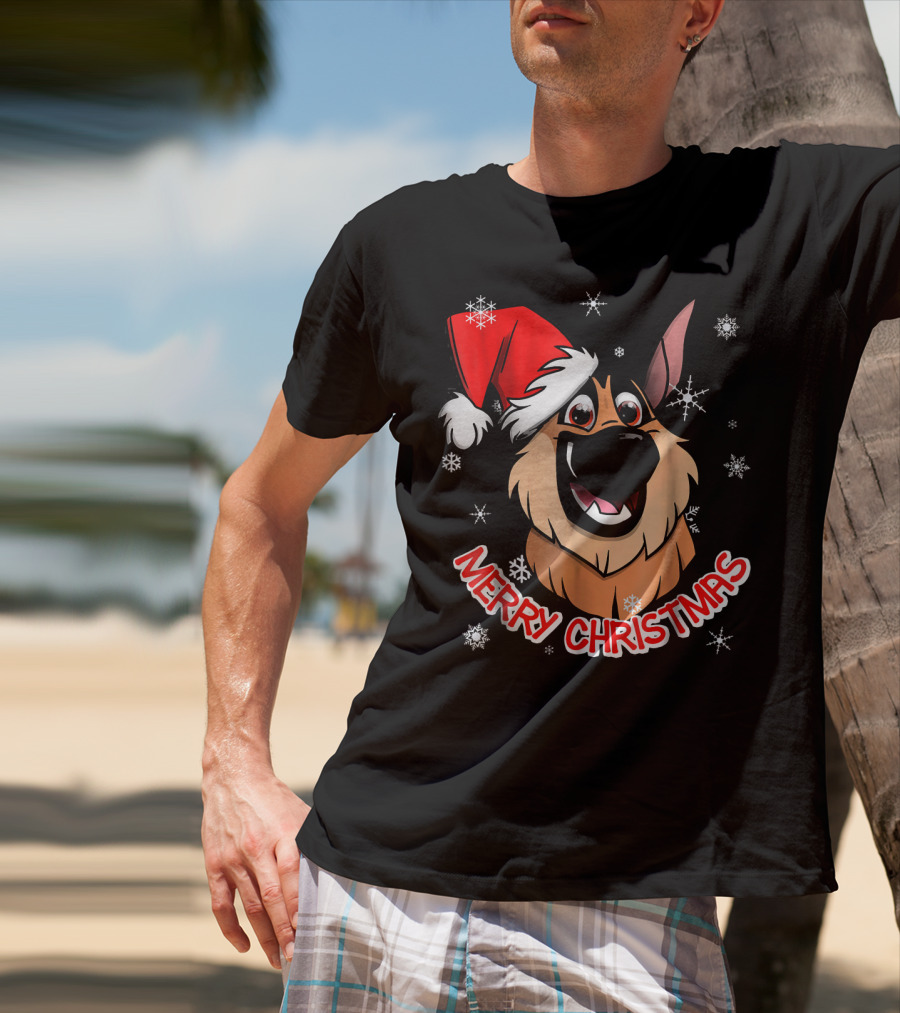 Merry Christmas GSD Smiling Santa Hat Snowflakes T-Shirt