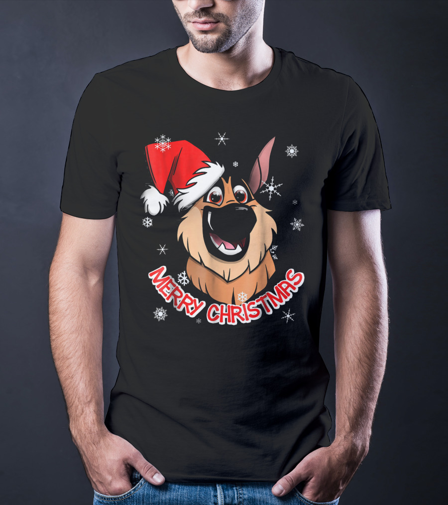 Merry Christmas GSD Smiling Santa Hat Snowflakes T-Shirt