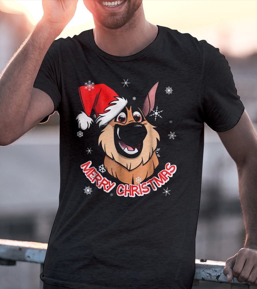 Merry Christmas GSD Smiling Santa Hat Snowflakes T-Shirt