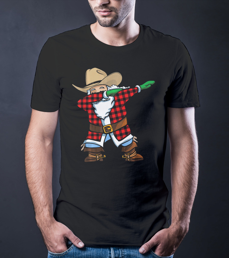 Santa Cowboy Christmas Dabbing Plaid T-Shirt