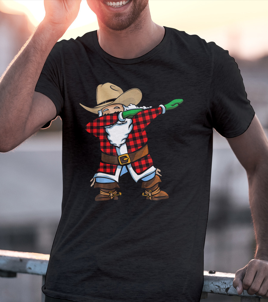 Santa Cowboy Christmas Dabbing Plaid T-Shirt