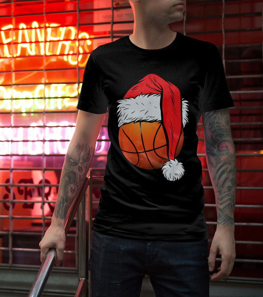 Christmas Santa Hat On Basketball Ball T-Shirt