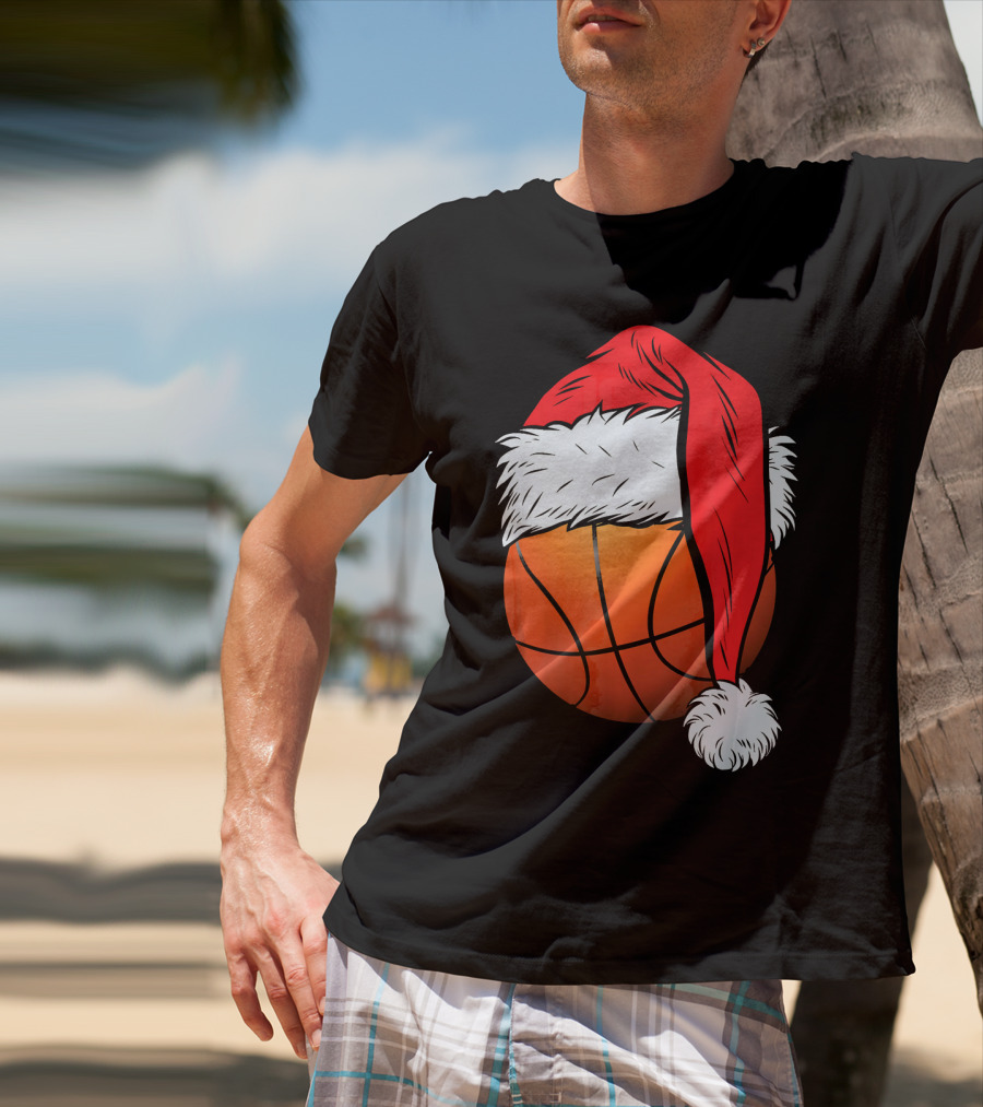 Christmas Santa Hat On Basketball Ball T-Shirt