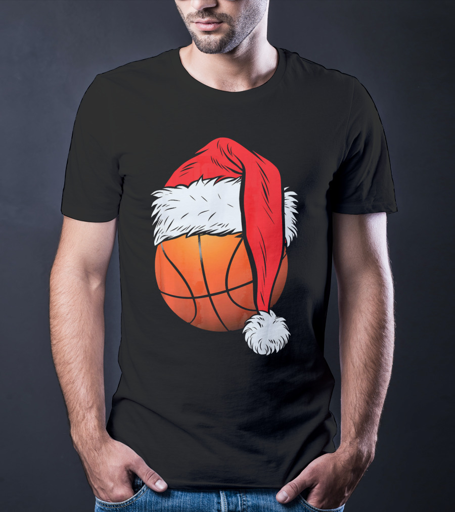 Christmas Santa Hat On Basketball Ball T-Shirt