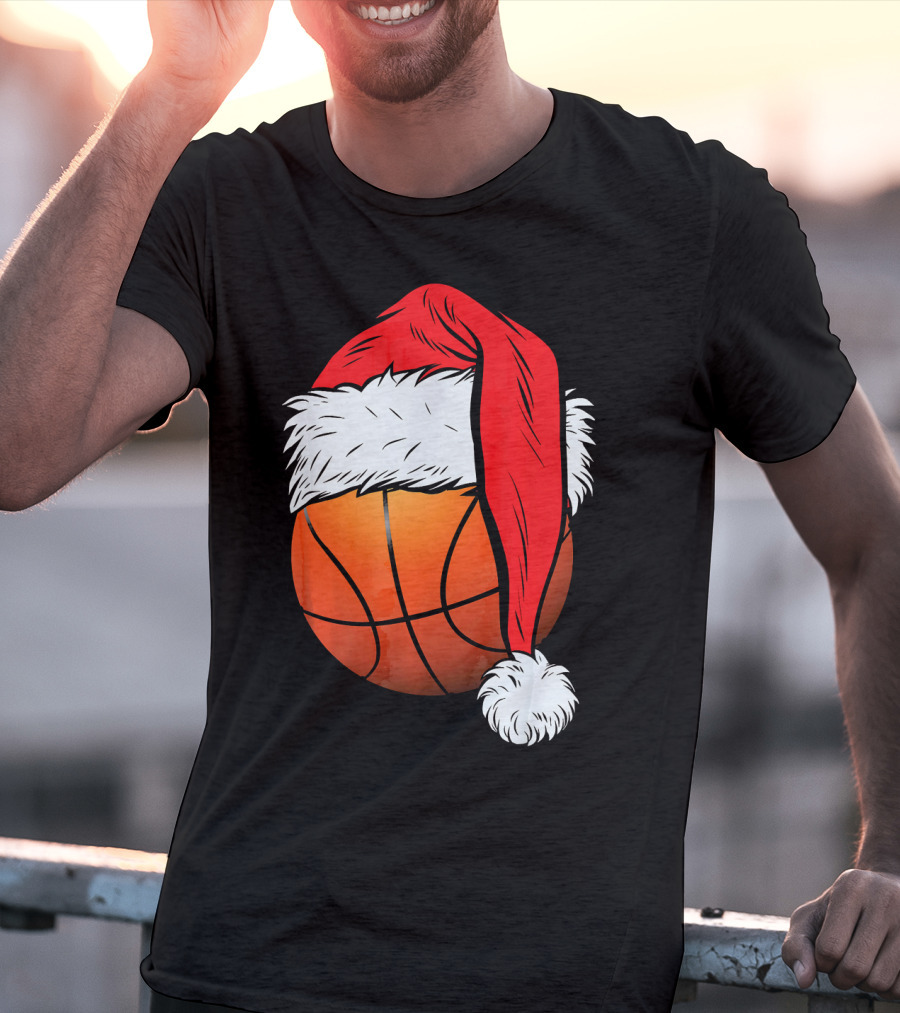 Christmas Santa Hat On Basketball Ball T-Shirt
