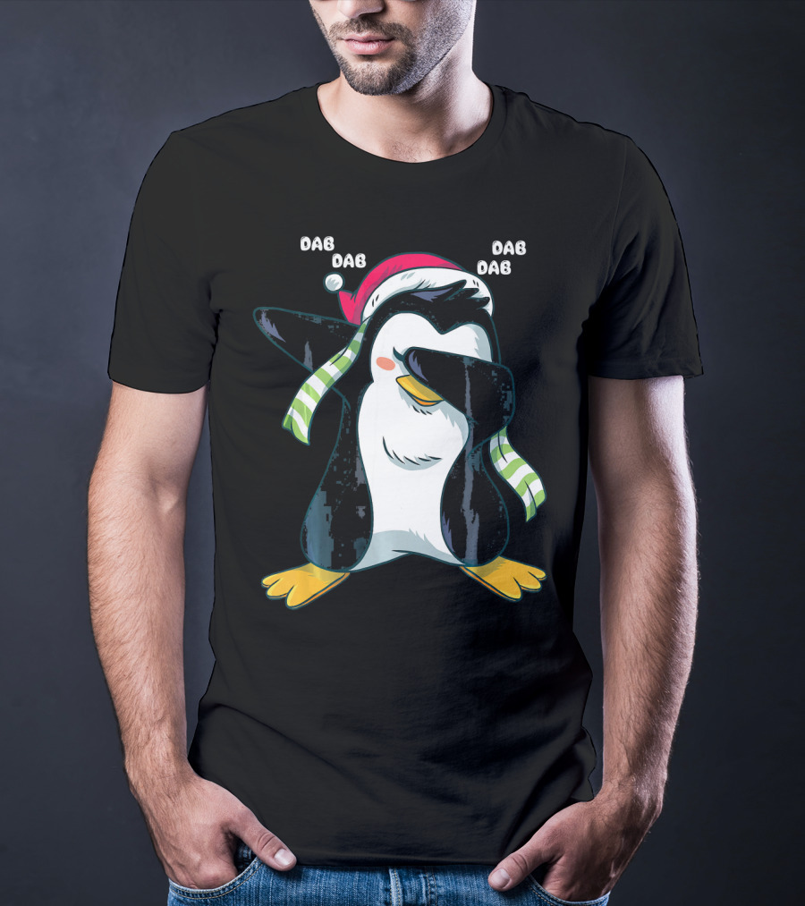 Dab Dab Dab Christmas Penguin Santa Hat And Scarf T-Shirt