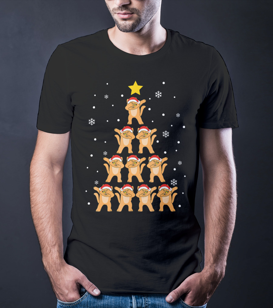 Christmas Tree Dabbing Cats With Santa Hats And Snowflakes T-Shirt