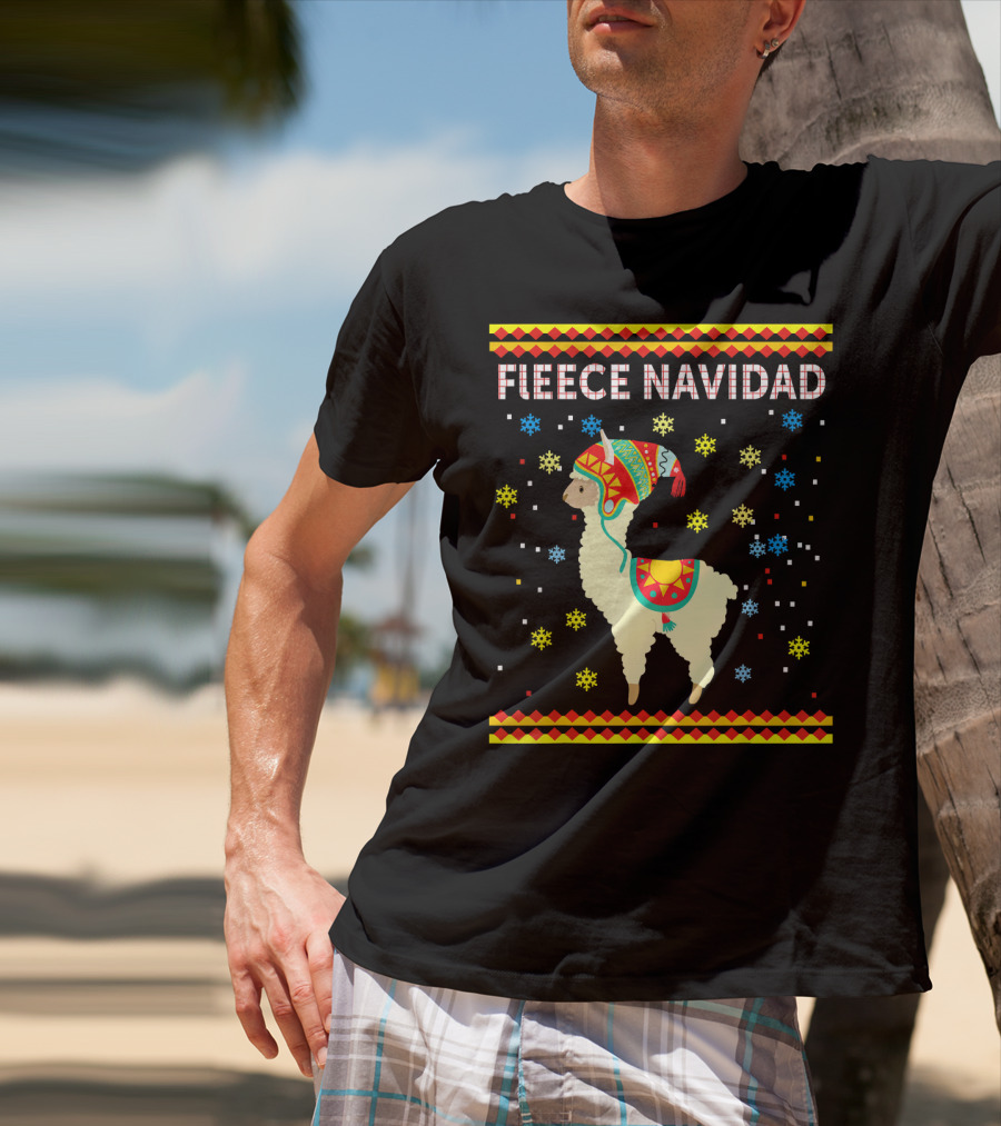 Fleece Navidad Cute Funny Llama With Colorful Winter Hat And Snowflakes T-Shirt