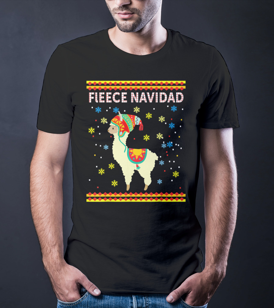 Fleece Navidad Cute Funny Llama With Colorful Winter Hat And Snowflakes T-Shirt