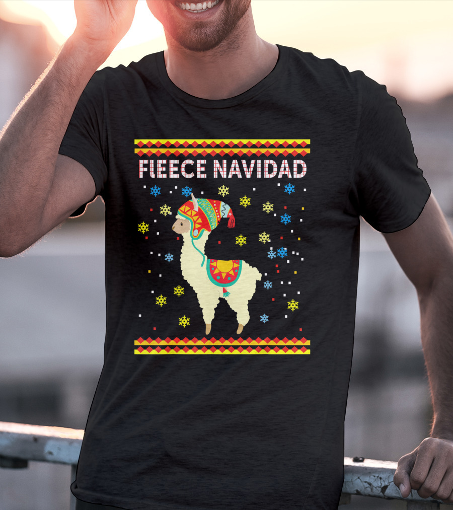 Fleece Navidad Cute Funny Llama With Colorful Winter Hat And Snowflakes T-Shirt