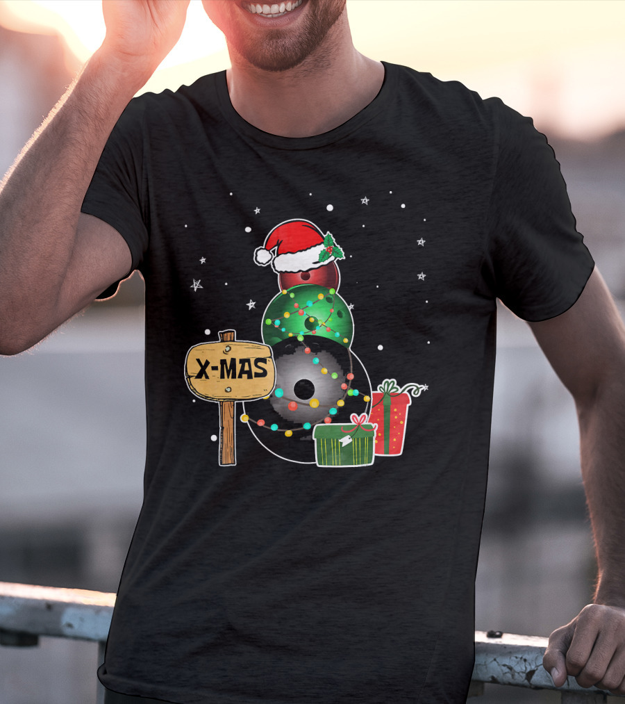 Bowling Snowman Xmas Presents With Santa Hat And Lights T-Shirt