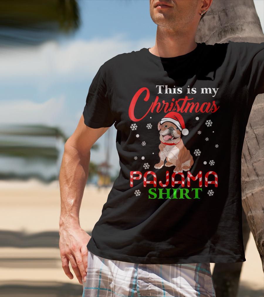 This Is My Christmas Pajama Shirt Dog Santa Hat Snowflakes T-Shirt