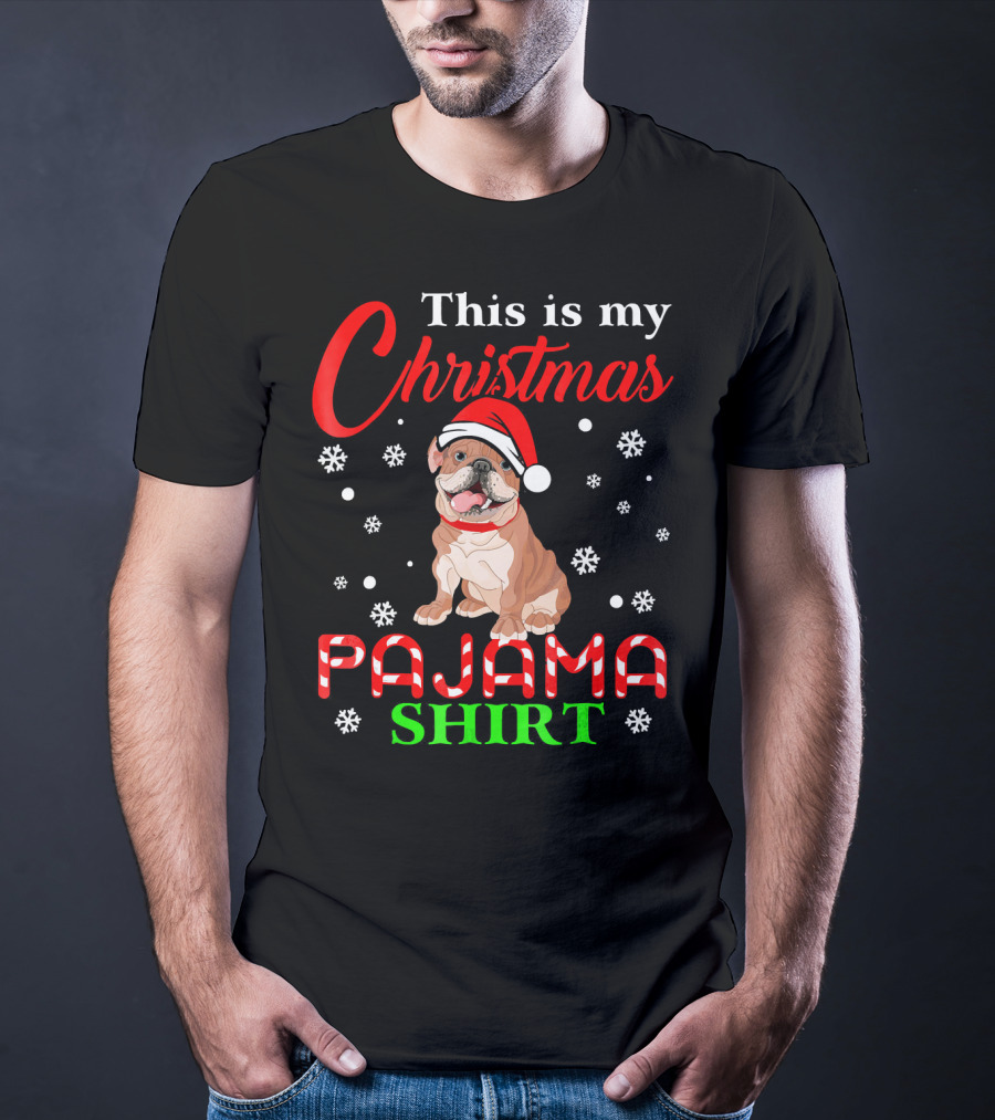 This Is My Christmas Pajama Shirt Dog Santa Hat Snowflakes T-Shirt