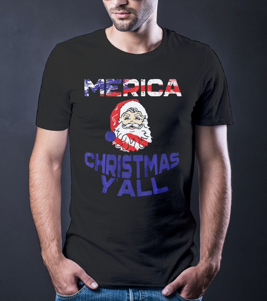 Merica Christmas Yall Santa Patriotic American Flag Colors T-Shirt