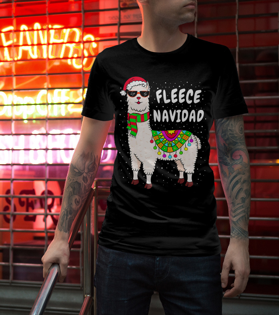 Fleece Navidad Christmas Llama Santa Hat Holiday T-Shirt
