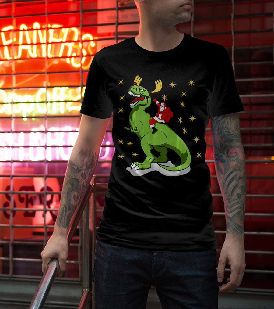 Santa Claus Riding Dinosaur With Reindeer Antlers And Stars T-Shirt