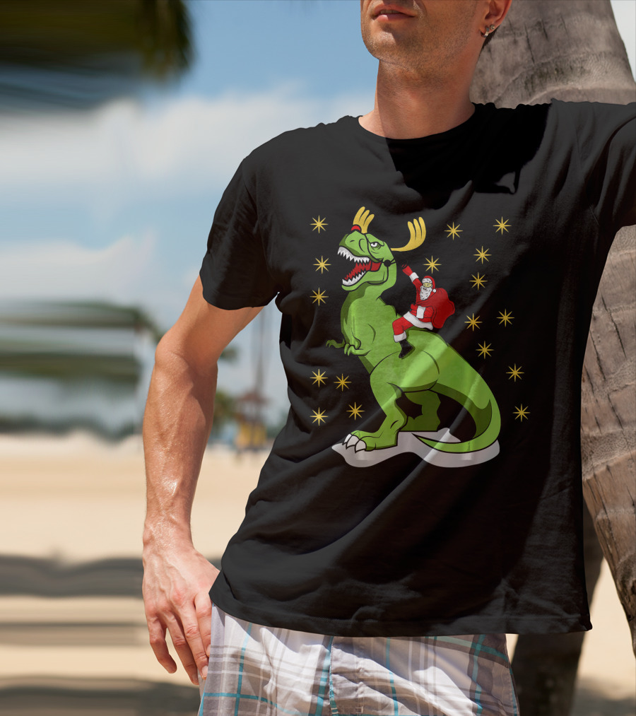 Santa Claus Riding Dinosaur With Reindeer Antlers And Stars T-Shirt