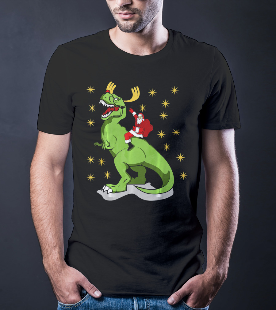 Santa Claus Riding Dinosaur With Reindeer Antlers And Stars T-Shirt