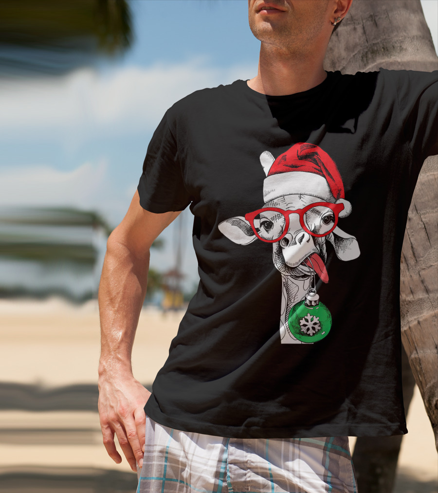 Santa Hat Giraffe Red Glasses Christmas T-Shirt