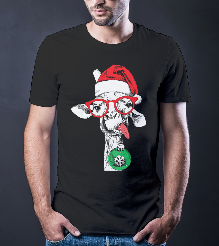 Santa Hat Giraffe Red Glasses Christmas T-Shirt