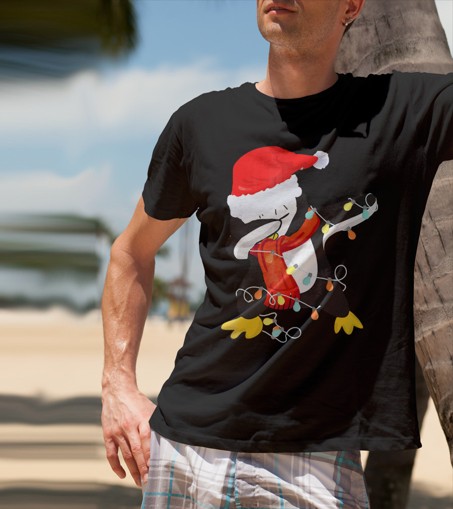 Dabbing Penguin Santa Christmas Lights T-Shirt