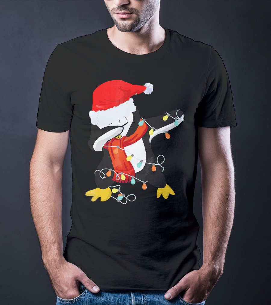 Dabbing Penguin Santa Christmas Lights T-Shirt