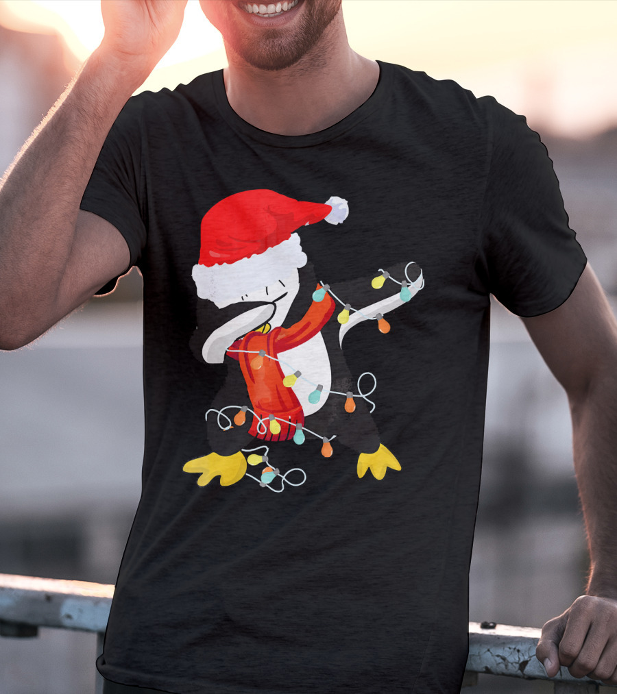 Dabbing Penguin Santa Christmas Lights T-Shirt