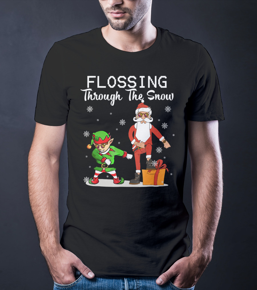 Flossing Through The Snow Santa And Elf Dancing With Gifts And Snowflakes T-Shirt